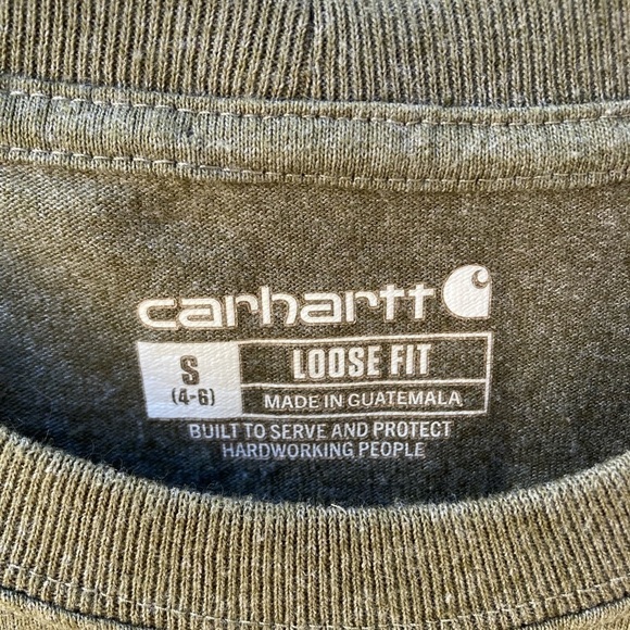 Women's Carhartt T-Shirt Green Spell-Out Cursive S Crew Cotton Pocket Cursive - Picture 2 of 12